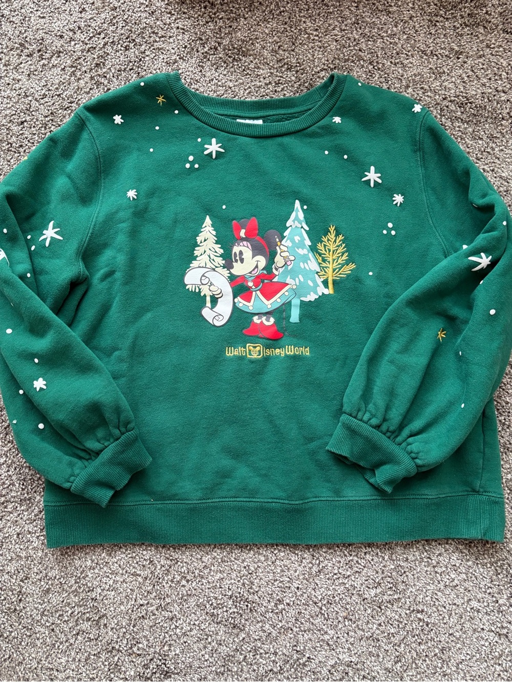 Disney Green Minnie Mouse Holiday Sweatshirt with Snowflake Accents